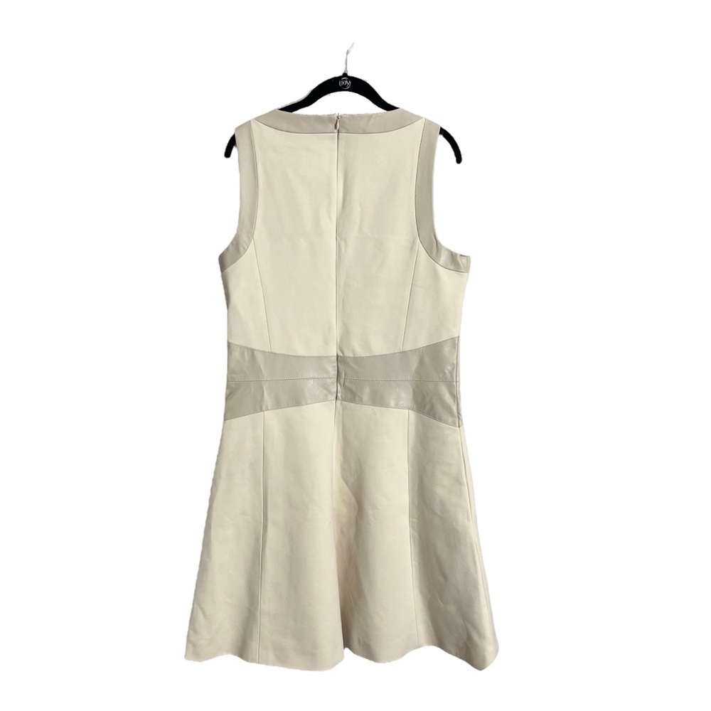 NWT Karen Millen Ponte Faux leather A line flippy mini dress 12 Tall beige - Picture 3 of 13